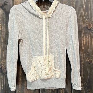 Eyeshadow Lace Hoodie S Grey Cream Y2K Puff Sleeve Girlhoodcore Frilly Boho Cozy